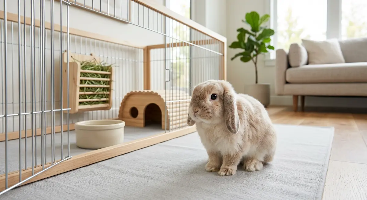 A healthy Holland Lop rabbit sitting on a soft rug in a modern living room with an exercise pen setup, hay feeder, and natural lighting