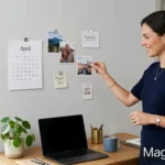 Modern home office with magnetic wall holding photos and notes using small disc magnets, demonstrating invisible magnetic paint technology