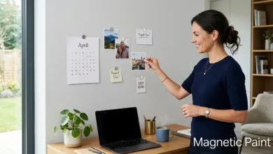 Modern home office with magnetic wall holding photos and notes using small disc magnets, demonstrating invisible magnetic paint technology