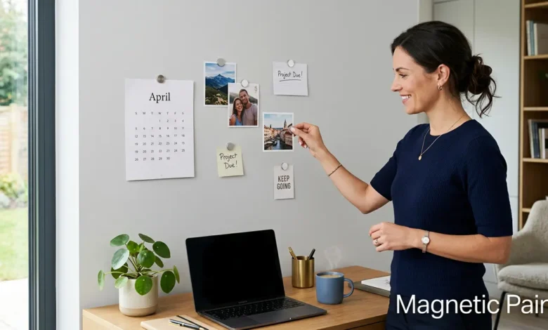 Modern home office with magnetic wall holding photos and notes using small disc magnets, demonstrating invisible magnetic paint technology
