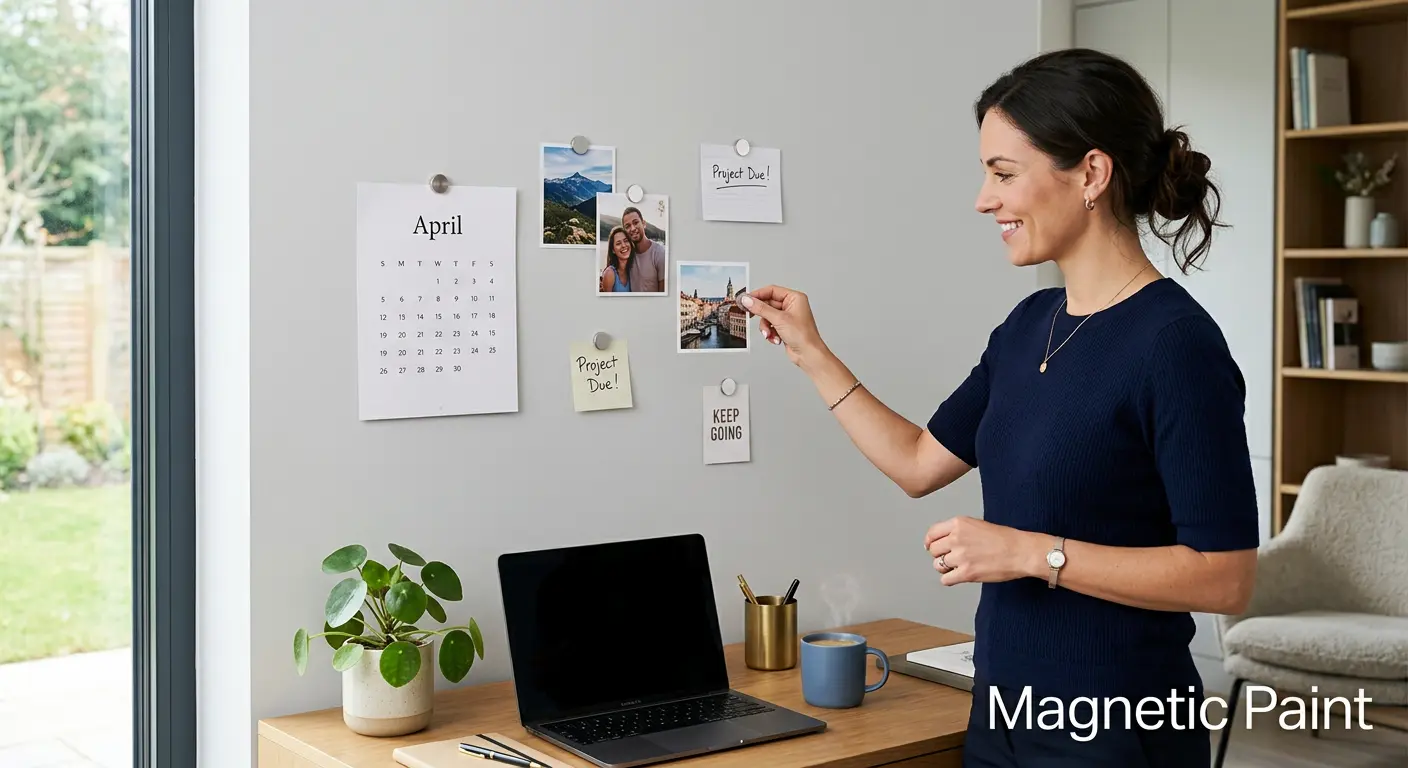 Modern home office with magnetic wall holding photos and notes using small disc magnets, demonstrating invisible magnetic paint technology