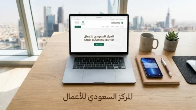 واجهة رقمية حديثة تظهر منصة المركز السعودي للأعمال لتأسيس المشاريع التجارية في السعودية.