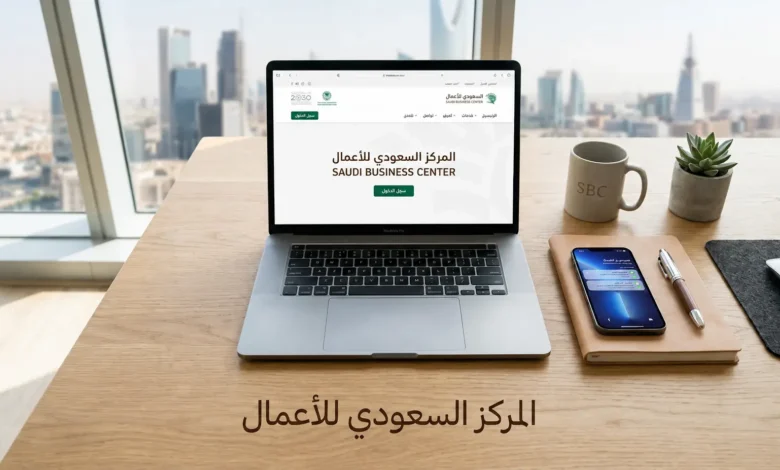 واجهة رقمية حديثة تظهر منصة المركز السعودي للأعمال لتأسيس المشاريع التجارية في السعودية.
