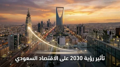 أفق مدينة الرياض الحديث عند الغروب مع خط بياني صاعد يرمز إلى النمو الاقتصادي وعبارة تأثير رؤية 2030 على الاقتصاد السعودي
