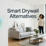 Modern living room with self-healing wall technology showing a hairline crack being repaired by embedded biological healing agents, representing smart drywall alternatives