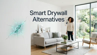 Modern living room with self-healing wall technology showing a hairline crack being repaired by embedded biological healing agents, representing smart drywall alternatives