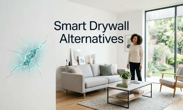 Modern living room with self-healing wall technology showing a hairline crack being repaired by embedded biological healing agents, representing smart drywall alternatives