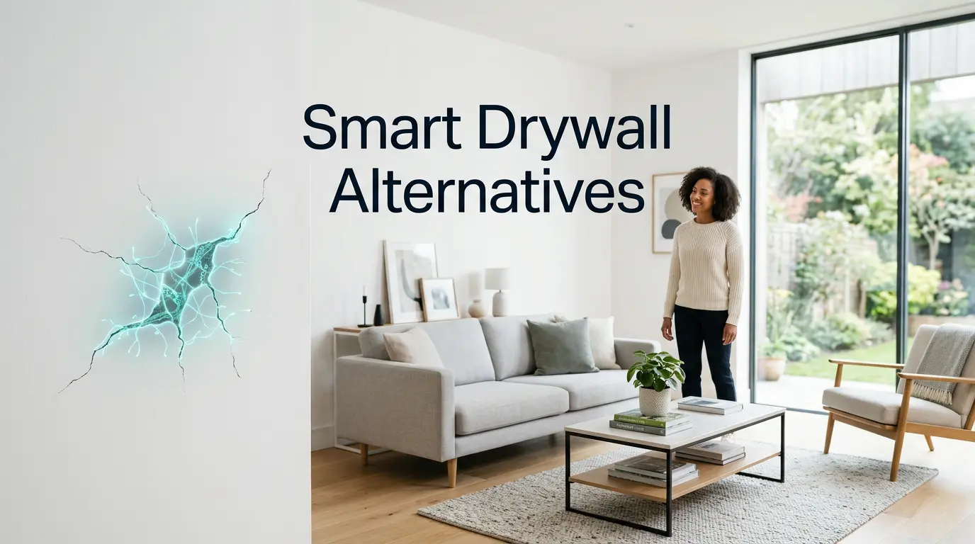 Modern living room with self-healing wall technology showing a hairline crack being repaired by embedded biological healing agents, representing smart drywall alternatives