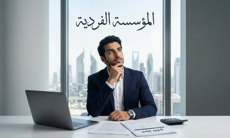 رائد أعمال عربي يجلس في مكتبه يخطط لمشروعه الفردي مع ظهور عبارة المؤسسة الفردية