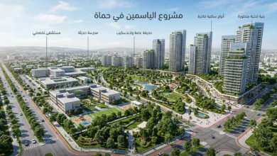 تصميم واقعي لأبراج مشروع الياسمين في حماة الذي يضم أبراجاً سكنية ومدرسة وحديقة ومشفى.
