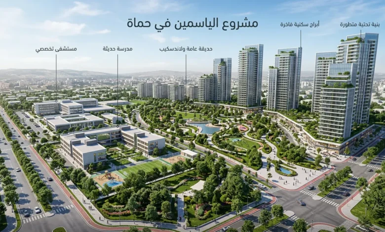 تصميم واقعي لأبراج مشروع الياسمين في حماة الذي يضم أبراجاً سكنية ومدرسة وحديقة ومشفى.