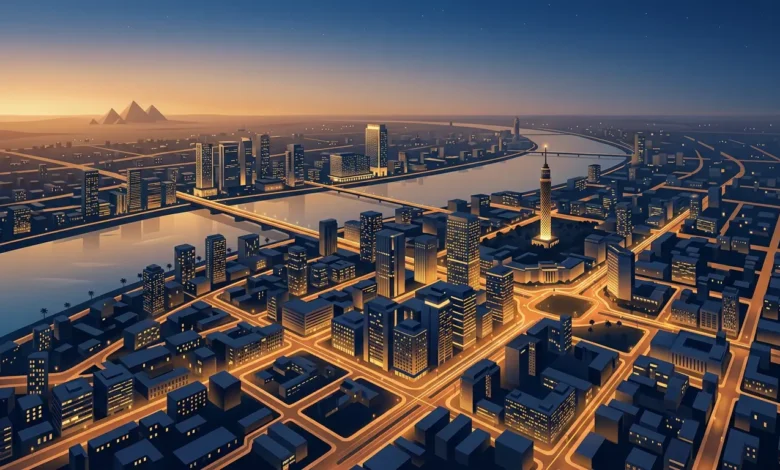 منظر جوي لمدينة القاهرة عند الغروب مع مبانٍ مكتبية بإضاءة خافتة تعكس إجراءات ترشيد الطاقة في مصر أبريل 2026