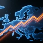 تصميم يوضح خريطة القارة الأوروبية مع مؤشرات حمراء تدل على ارتفاع أسعار الغاز الطبيعي وتراجع مستويات الخزانات الاستراتيجية للطاقة.