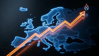 تصميم يوضح خريطة القارة الأوروبية مع مؤشرات حمراء تدل على ارتفاع أسعار الغاز الطبيعي وتراجع مستويات الخزانات الاستراتيجية للطاقة.