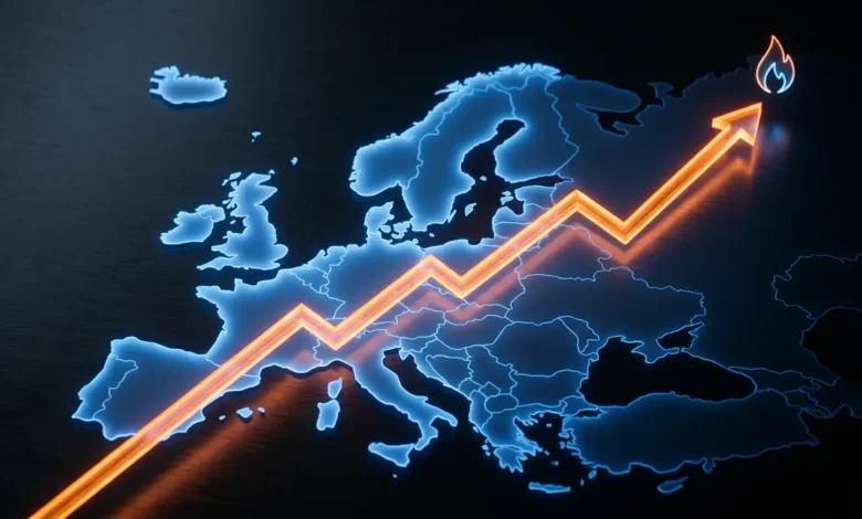 تصميم يوضح خريطة القارة الأوروبية مع مؤشرات حمراء تدل على ارتفاع أسعار الغاز الطبيعي وتراجع مستويات الخزانات الاستراتيجية للطاقة.