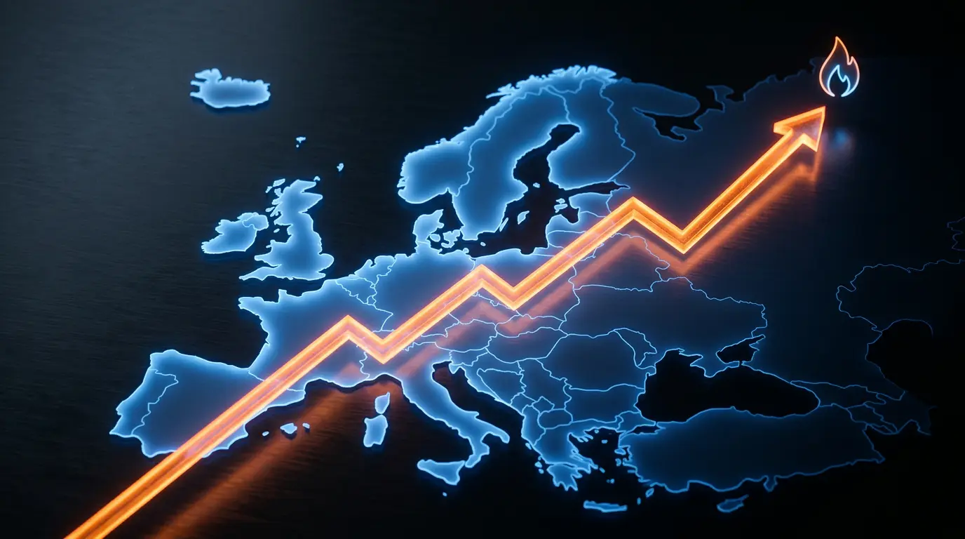تصميم يوضح خريطة القارة الأوروبية مع مؤشرات حمراء تدل على ارتفاع أسعار الغاز الطبيعي وتراجع مستويات الخزانات الاستراتيجية للطاقة.