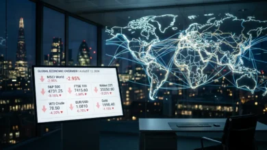 رسم توضيحي يظهر تراجع مؤشرات النمو الاقتصادي العالمي وتأثير التوترات الجيوسياسية على الأسواق المالية واستراتيجيات تصدير النفط.