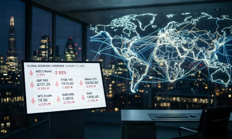 رسم توضيحي يظهر تراجع مؤشرات النمو الاقتصادي العالمي وتأثير التوترات الجيوسياسية على الأسواق المالية واستراتيجيات تصدير النفط.