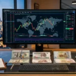 شاشة تداول مالية تُظهر تراجع مؤشرات البورصات العالمية مع عملات الجنيه المصري والليرة السورية