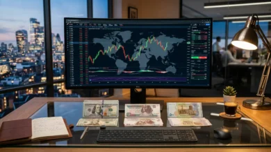 شاشة تداول مالية تُظهر تراجع مؤشرات البورصات العالمية مع عملات الجنيه المصري والليرة السورية