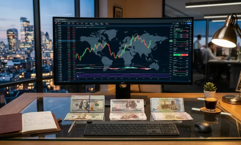 شاشة تداول مالية تُظهر تراجع مؤشرات البورصات العالمية مع عملات الجنيه المصري والليرة السورية