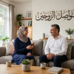 زوجان يتحدثان بهدوء في غرفة معيشة عصرية مع عبارة التواصل بين الزوجين مكتوبة بوضوح.