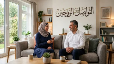 زوجان يتحدثان بهدوء في غرفة معيشة عصرية مع عبارة التواصل بين الزوجين مكتوبة بوضوح.