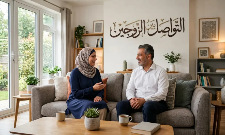 زوجان يتحدثان بهدوء في غرفة معيشة عصرية مع عبارة التواصل بين الزوجين مكتوبة بوضوح.