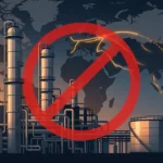 رسم توضيحي عصري لمصفاة نفط روسية مُحاطة بعلامة حظر حمراء وخريطة عالمية في الخلفية تُظهر تراجع خطوط إمداد الطاقة، في إشارة إلى قرار توسيع حظر تصدير البنزين الروسي 2026