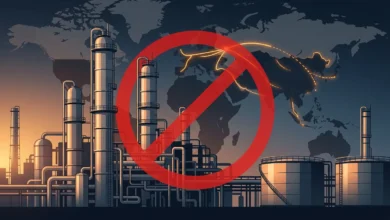 رسم توضيحي عصري لمصفاة نفط روسية مُحاطة بعلامة حظر حمراء وخريطة عالمية في الخلفية تُظهر تراجع خطوط إمداد الطاقة، في إشارة إلى قرار توسيع حظر تصدير البنزين الروسي 2026