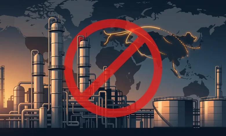 رسم توضيحي عصري لمصفاة نفط روسية مُحاطة بعلامة حظر حمراء وخريطة عالمية في الخلفية تُظهر تراجع خطوط إمداد الطاقة، في إشارة إلى قرار توسيع حظر تصدير البنزين الروسي 2026