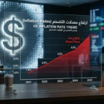 رسم بياني مالي يوضح تصاعد مؤشرات التضخم في الولايات المتحدة وتأثيرها على قوة الدولار الأمريكي وأسواق المال.