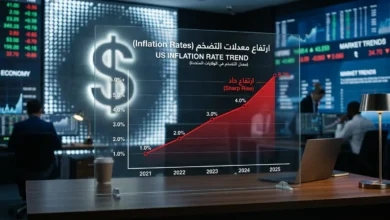رسم بياني مالي يوضح تصاعد مؤشرات التضخم في الولايات المتحدة وتأثيرها على قوة الدولار الأمريكي وأسواق المال.