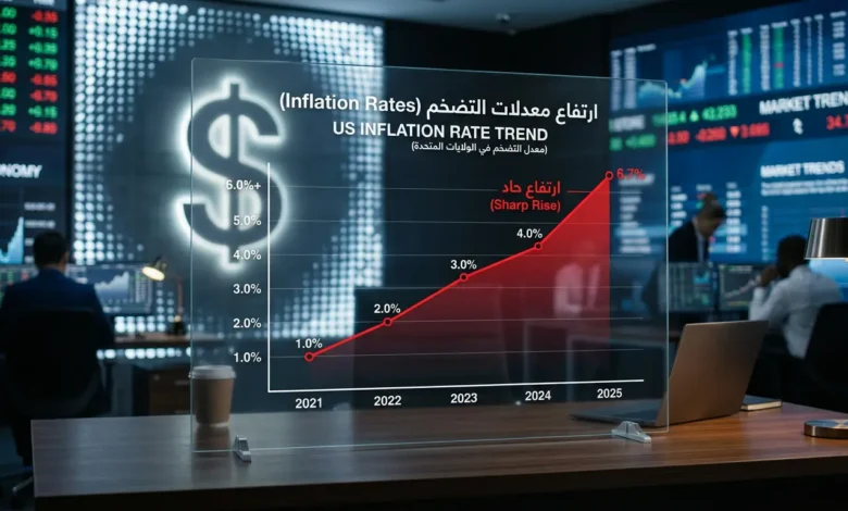 رسم بياني مالي يوضح تصاعد مؤشرات التضخم في الولايات المتحدة وتأثيرها على قوة الدولار الأمريكي وأسواق المال.