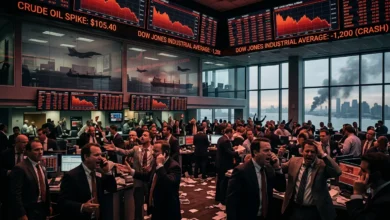 شاشات التداول في وول ستريت تعرض مؤشرات حمراء هابطة وأسعار نفط مرتفعة فوق 100 دولار وسط أجواء متوترة بسبب حرب إيران أبريل 2026