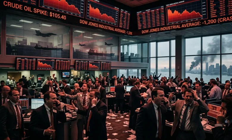شاشات التداول في وول ستريت تعرض مؤشرات حمراء هابطة وأسعار نفط مرتفعة فوق 100 دولار وسط أجواء متوترة بسبب حرب إيران أبريل 2026