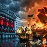 رسم توضيحي يُظهر انهيار مؤشرات بورصة وول ستريت مع أسهم حمراء هابطة، وخريطة الشرق الأوسط مشتعلة بالتوترات الجيوسياسية، محاطة بكرة أرضية متصدعة وبراميل نفط وسبائك ذهب ورموز عملات عالمية، في أجواء عاصفة تعكس حالة عدم اليقين الاقتصادي العالمي