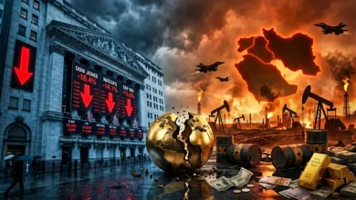 رسم توضيحي يُظهر انهيار مؤشرات بورصة وول ستريت مع أسهم حمراء هابطة، وخريطة الشرق الأوسط مشتعلة بالتوترات الجيوسياسية، محاطة بكرة أرضية متصدعة وبراميل نفط وسبائك ذهب ورموز عملات عالمية، في أجواء عاصفة تعكس حالة عدم اليقين الاقتصادي العالمي
