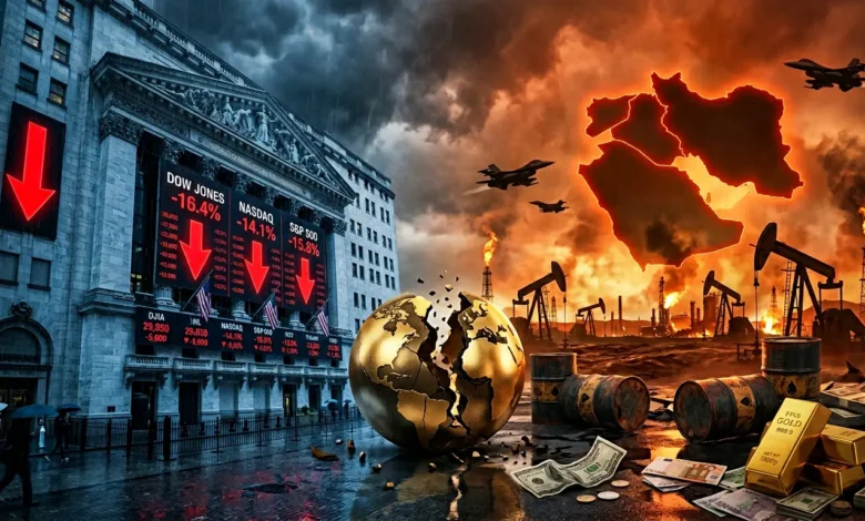 رسم توضيحي يُظهر انهيار مؤشرات بورصة وول ستريت مع أسهم حمراء هابطة، وخريطة الشرق الأوسط مشتعلة بالتوترات الجيوسياسية، محاطة بكرة أرضية متصدعة وبراميل نفط وسبائك ذهب ورموز عملات عالمية، في أجواء عاصفة تعكس حالة عدم اليقين الاقتصادي العالمي