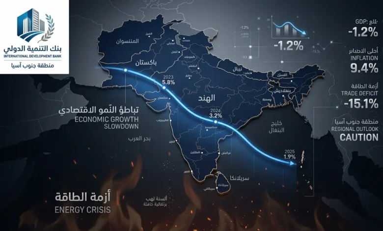خريطة جنوب آسيا مع رسم بياني لتباطؤ النمو الاقتصادي وأزمة الطاقة العالمية 2026