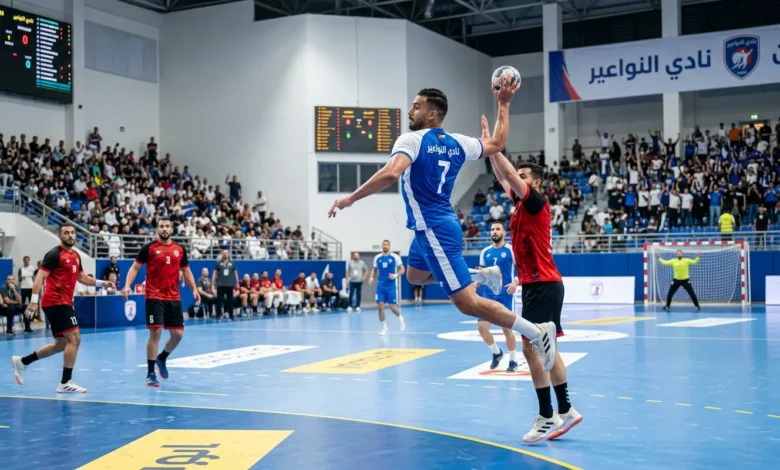 لاعب كرة يد يقفز عالياً لتسديد الكرة في مباراة احترافية تمثل نادي النواعير السوري.