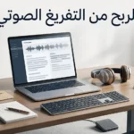 مساحة عمل احترافية واقعية تضم حاسوباً وسماعات ولوحة مفاتيح ودواسة قدم، مع إشارة بصرية خفيفة إلى دخل بالدولار، ويتصدرها عنوان الربح من التفريغ الصوتي.