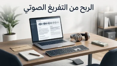 مساحة عمل احترافية واقعية تضم حاسوباً وسماعات ولوحة مفاتيح ودواسة قدم، مع إشارة بصرية خفيفة إلى دخل بالدولار، ويتصدرها عنوان الربح من التفريغ الصوتي.