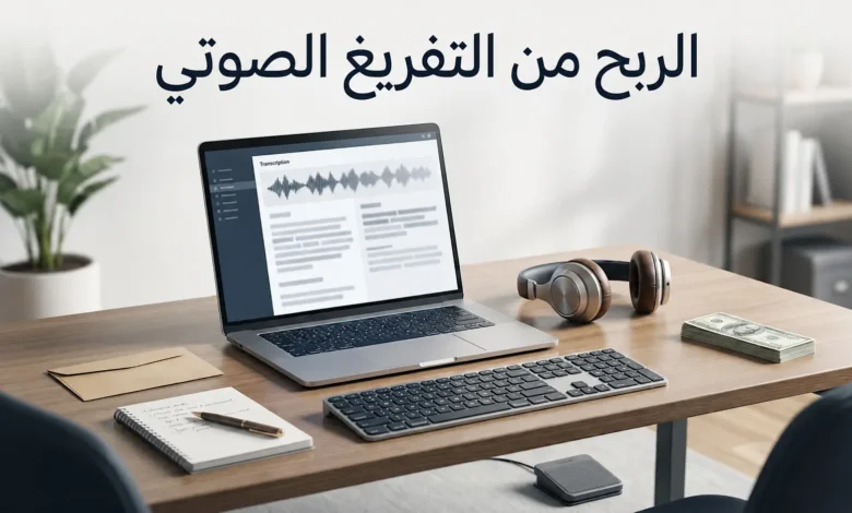 مساحة عمل احترافية واقعية تضم حاسوباً وسماعات ولوحة مفاتيح ودواسة قدم، مع إشارة بصرية خفيفة إلى دخل بالدولار، ويتصدرها عنوان الربح من التفريغ الصوتي.