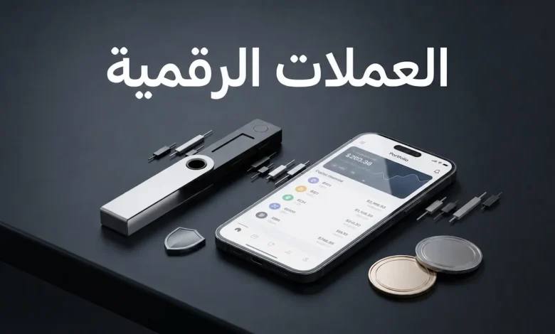 صورة غلاف واقعية عالية الجودة تعكس الاستثمار الذكي في العملات الرقمية، وتُظهر أدوات حفظ آمنة ومحفظة رقمية وواجهة تداول نظيفة مع كلمة "العملات الرقمية".