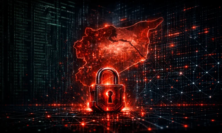 تصوير تجريدي لثغرة أمنية رقمية وقفل إلكتروني محطم مع رمز تحذير، يمثل خطر ثغرة CertiGhost على الأنظمة البرمجية السورية.