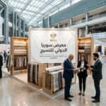 زوار ورجال أعمال داخل معرض سوريا الدولي للنسيج ناس تكس يستعرضون أحدث التقنيات.
