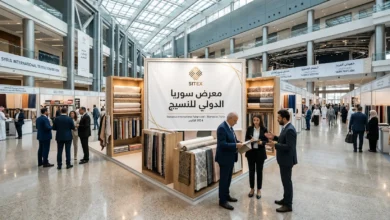 زوار ورجال أعمال داخل معرض سوريا الدولي للنسيج ناس تكس يستعرضون أحدث التقنيات.