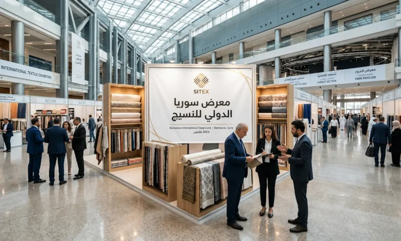 زوار ورجال أعمال داخل معرض سوريا الدولي للنسيج ناس تكس يستعرضون أحدث التقنيات.