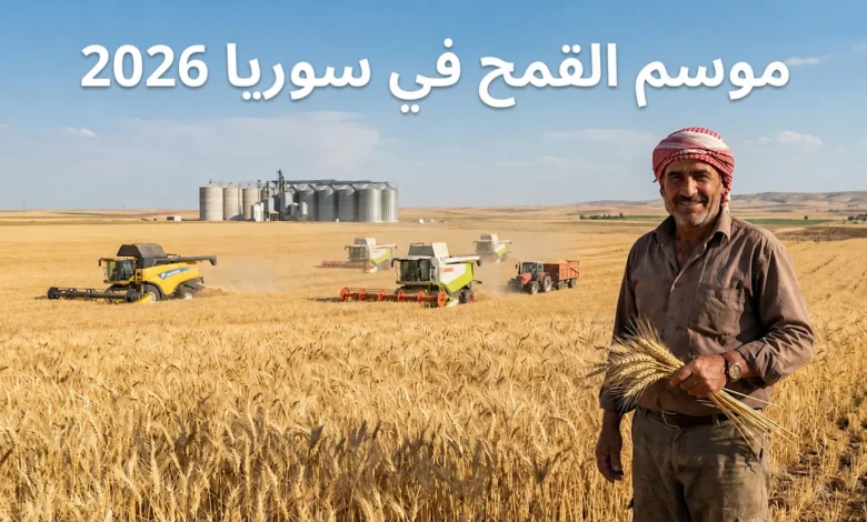 موسم القمح في سوريا 2026 يظهر حقول القمح في الحسكة مع حصادات حديثة وصوامع تخزين في خلفية المشهد
